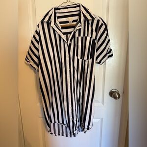 Navy and White Striped Button-Up Shirt